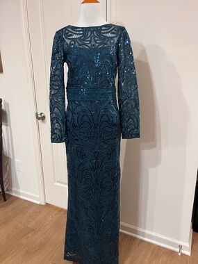 Tadashi Shoji Teal Long Sleeve Sequin Lace Gown